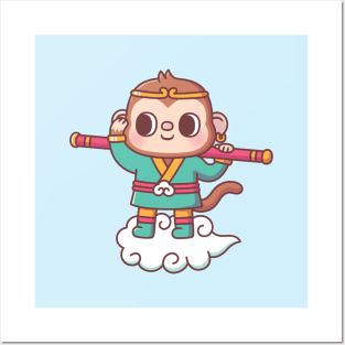 Cute Monkey Sun Wukong On Flying Cloud Posters and Art